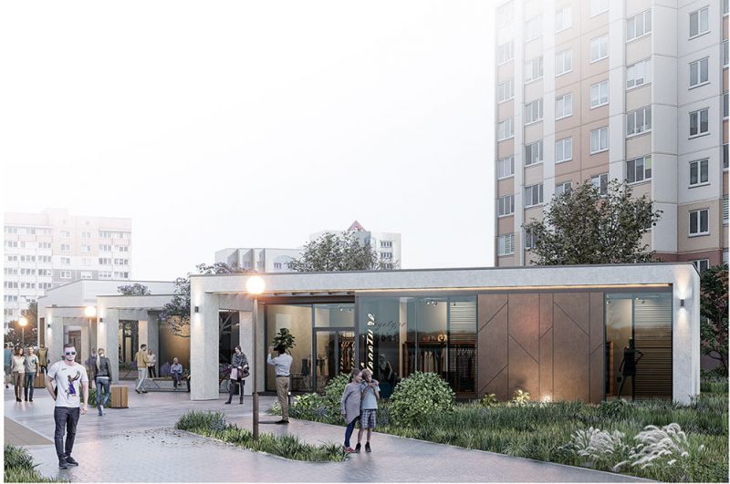 На Ольшанке построят стильный торговый центр: с пилатесом, аптекой и салоном красоты. В проекте есть и озеленение Визуализация нового торгового центра на улице Богушевича