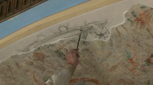 Во время реконструкции Старого замка случайно нашли фреску 16 века. Скоро ее можно будет увидеть Падчас рэканструкцыі Старога замку выпадкова знайшлі фрэску 16 стагоддзя. Скрыншот: ТРК Гродна