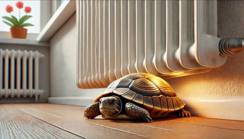 Черепаха греется под батареей. Иллюстрация созданная редакцией Hrodna.life с помощью нейросети DALL-E