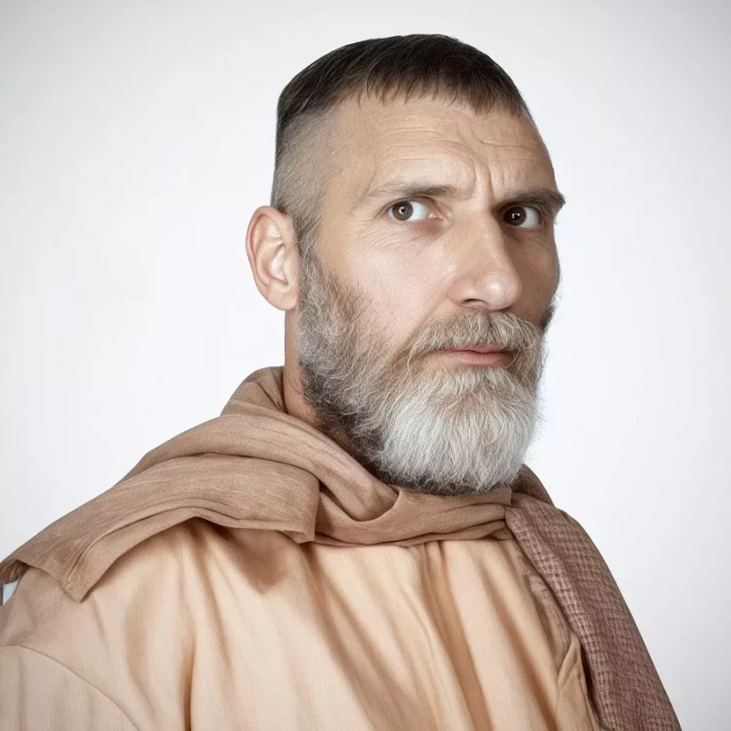 Белорусские ученые раскритиковали реконструкцию лица древнего человека, который жил под Волковыском Мужчина с бородой и шалью, одетый в одежду нейтральных тонов, смотрит в камеру на однотонном фоне, напоминая древнего человека из Волковыска.