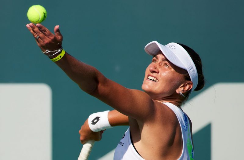 MONASTIR, TUNISIA - OCTOBER 18: Iryna Shymanovich serves against Elise Mertens of Belgium on day three of the Jasmin Open Monastir at Magic Hotel Skanes on October 18, 2023 in Monastir, Tunisia. (Photo by Quality Sport Images/Getty Images)