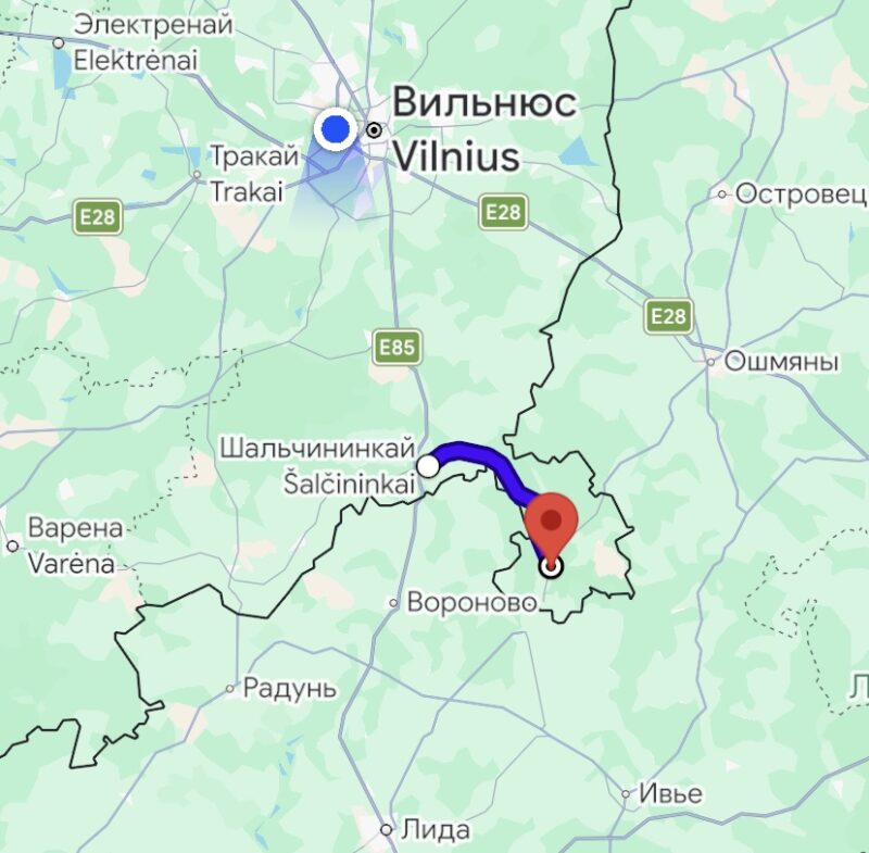 Путь из Шальчининкай до Девянишкес по единственной дороге вдоль белорусской границы. Скриншот: Hrodna.life