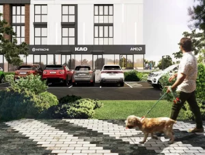 Візуалізацыя з праекту ЖК "Мір" на Магістральнай у Гродне. Там будуюць пэт-фрэндлі дом. Крыніца: канал PObudova.by