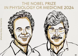 Віктар Амбрас і Гэры Раўкан. Ілюстрацыя Нікласа Элмехеда для Нобелеўскага камітэта