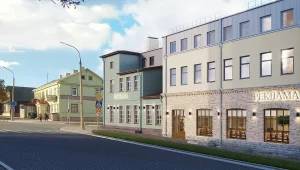 Як будзе выглядаць стогадовы дом у стылі канструктывізму на Міцкевіча пасля перабудовы: праект Праект Міцкевіча, 1 пасля перабудовы. Крыніца: Гродзенскі гарвыканкам