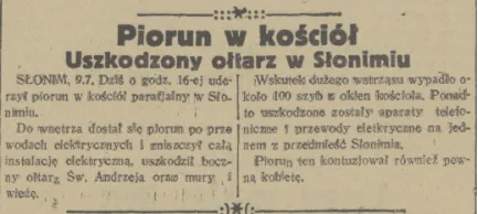 Паведамленне пра ўдар перуна ў касцёл Святога Андрэя ў Слоніме. 9 ліпеня 1934 года